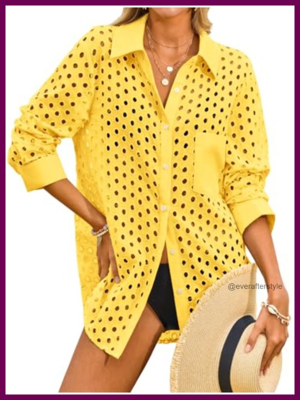 Fisoew Women's Hollow Out Swimsuit Coverup Button Down Beachwear